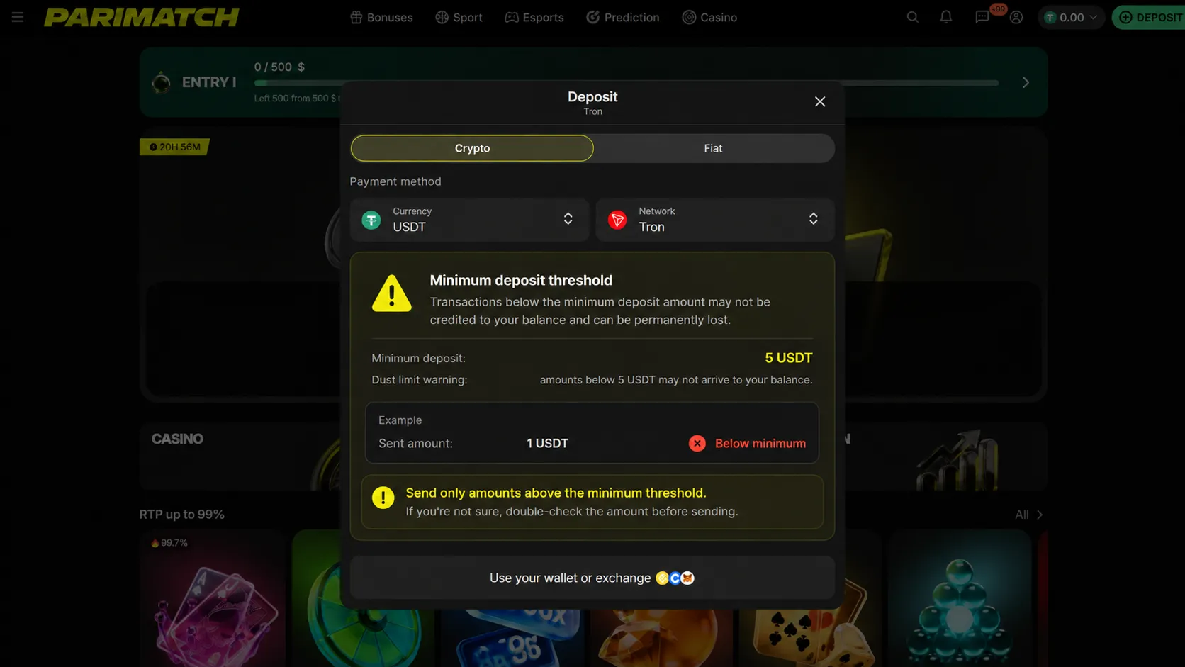 Предупреждение Dust Limit крипто казино онлайн с минимальным депозитом — предупреждение о риске потери транзакций ниже установленного минимума